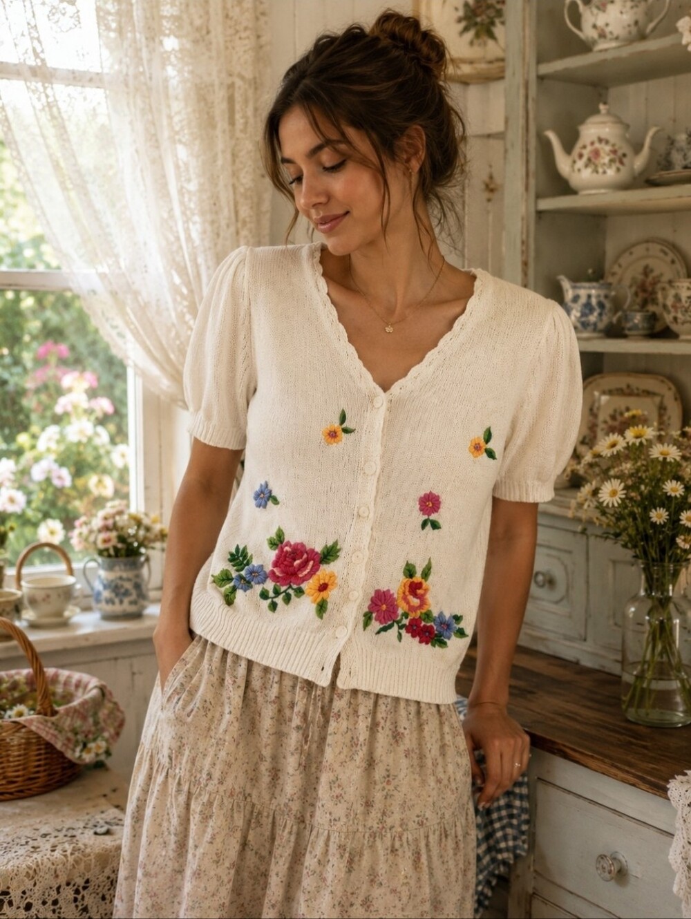 Vintage Floral Embroidered Cream Knit Cottage Grandma Cardigan Top Medium